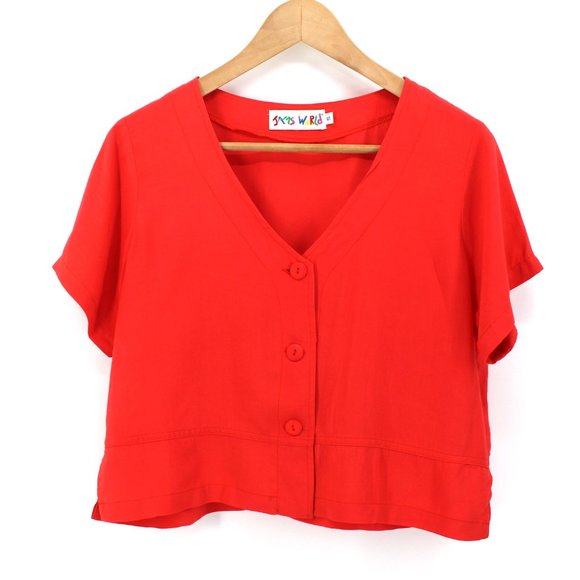 Jam's World Blush Crop Top Button Front Short Sleeve V-neck Rayon Made in USA S - Picture 2 of 11